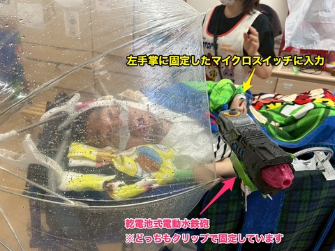 ずぶ濡れ対策をしながら電動水鉄砲で水をかけるKさん