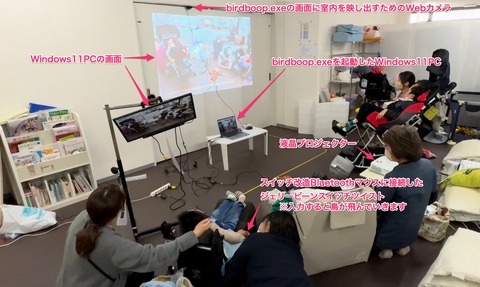 マウスに繋いだジェリービーンスイッチに入力して鳥を飛ばす
