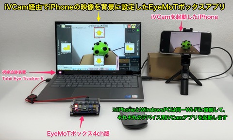 iVCam経由でiPhoneの映像を背景に設定したEyeMoTボックスアプリ