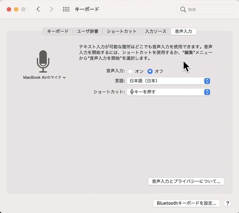 音声入力の設定画面