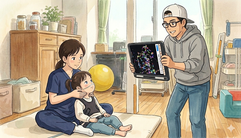 Kさんが視線入力で絵を描いている様子のイラスト