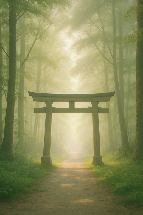 霧の中の鳥居と森の小道
