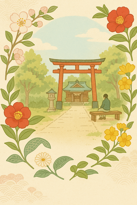 神社の風景と桜