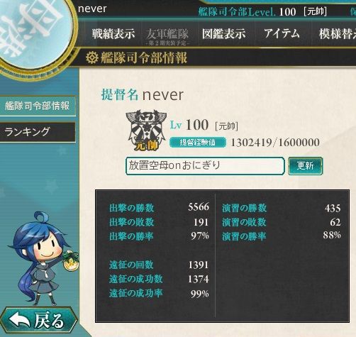 司令部レベルが3ケタに 艦これネバギブ Never Give Up