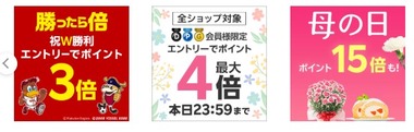 【朗報】楽天市場､｢ポイント最大4倍 ご愛顧感謝デー｣と｢W勝利ポイント3倍｣が重なる