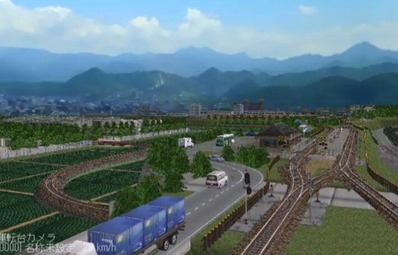 単線自動運転4編成背景山並み10
