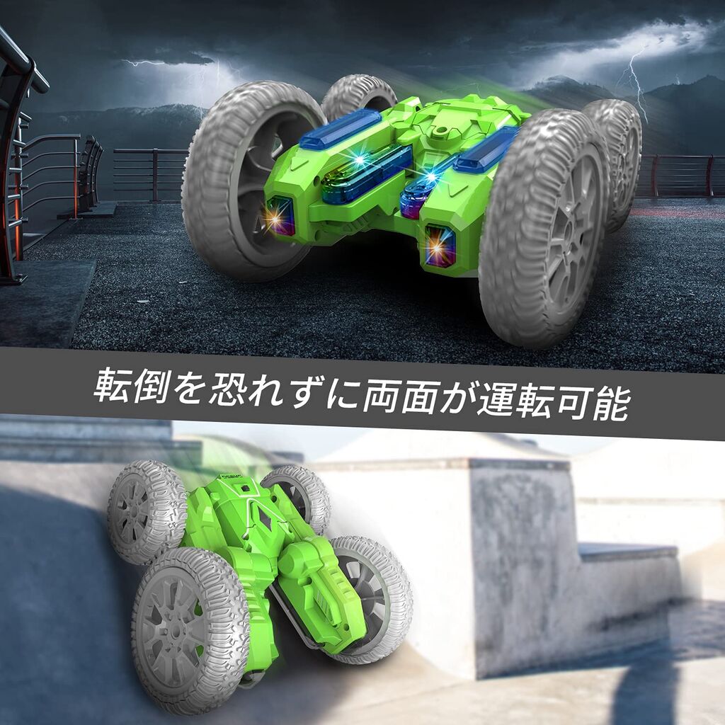 DEERC ラジコンカー こども向け スタントカー オフロード RCカー 4つLEDライトワード 360度回転 両面走行 四輪駆動 国内認証済み 日本語マニュアル DE55の画像