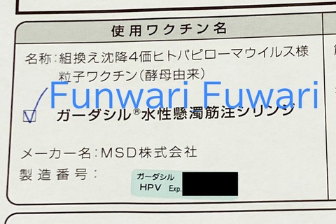 HPVワクチン(4価 ガーダシル) 接種済証