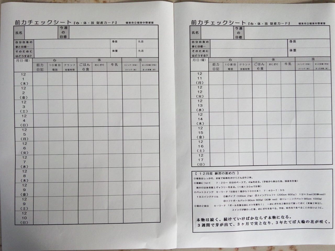 部活ノート 前力チェックシート 我武者羅日記