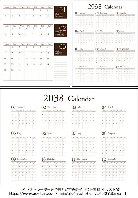 2038年　カレンダー　月曜始まり　テンプレート　フリー素材　無料