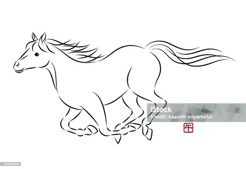 優雅に走る美しい白馬のイラスト 墨絵風でお洒落な午年の年賀状素材