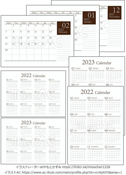 無料素材 月曜始まりカレンダーテンプレート 2022年 2023年