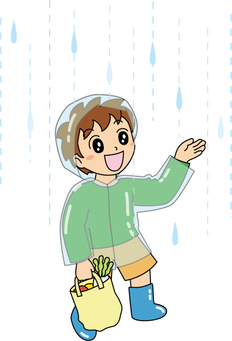 雨の中、レインコートを着て歩く男の子