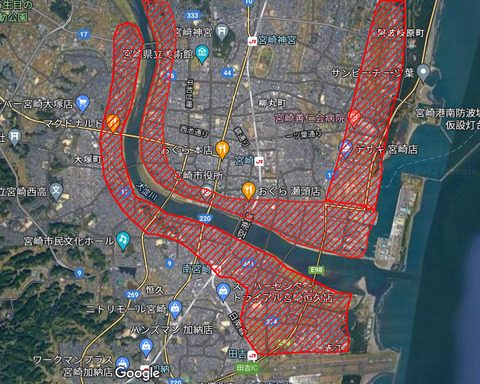 宮崎市市街地危険地帯
