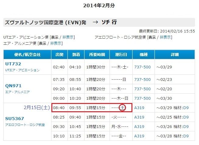 フライトスケジュール ソチ-エレバン 2014年2月 3-2