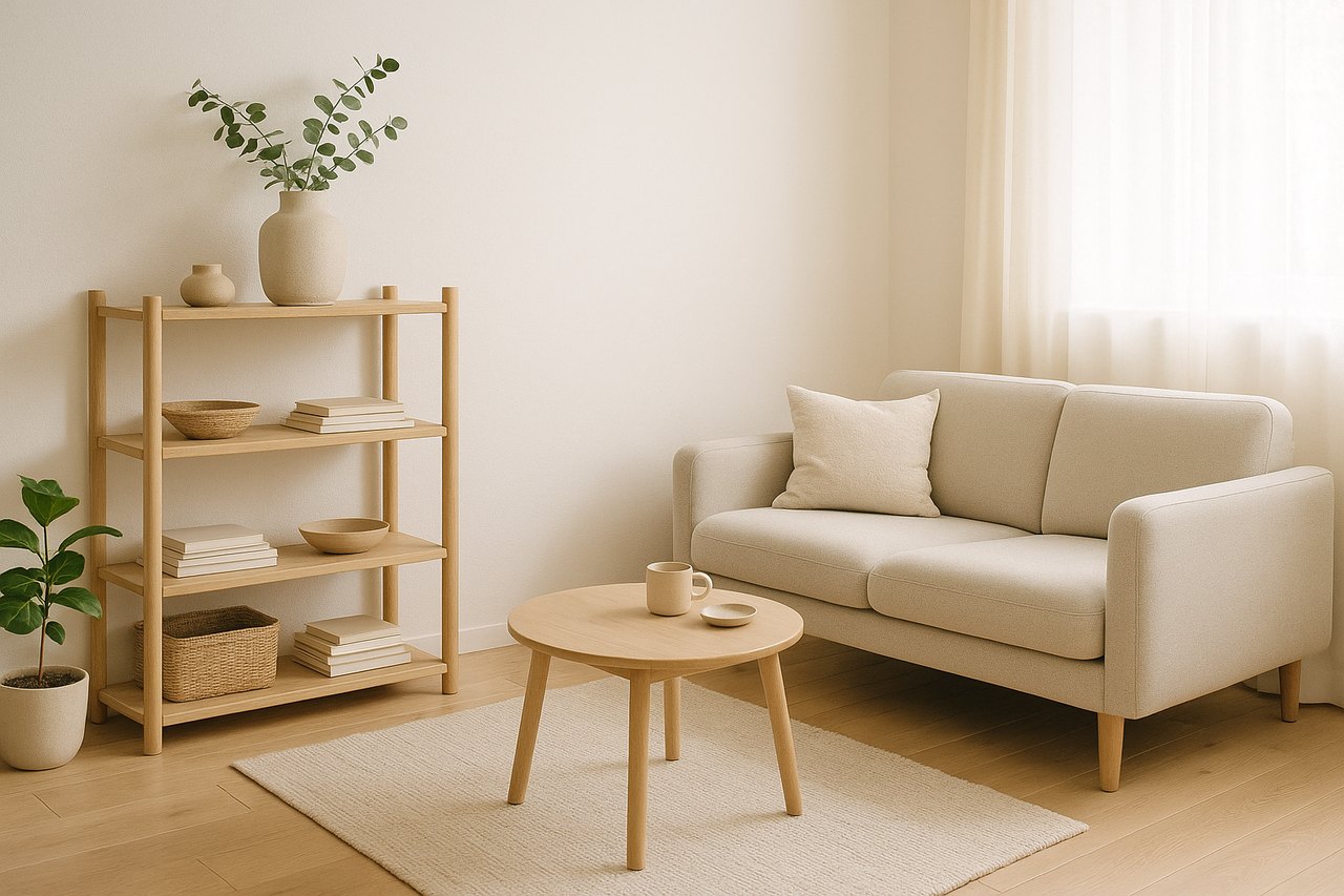 一人暮らしの部屋に置かれたシンプル家具のイメージ