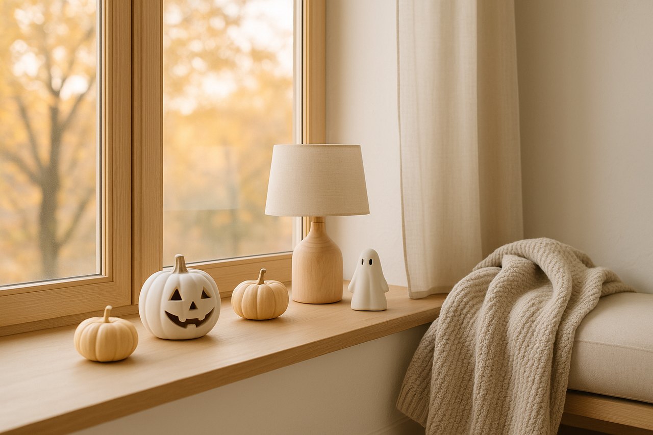 秋の夕暮れの窓辺にハロウィン風の小物とブランケットがさりげなく置かれたインテリアの情景