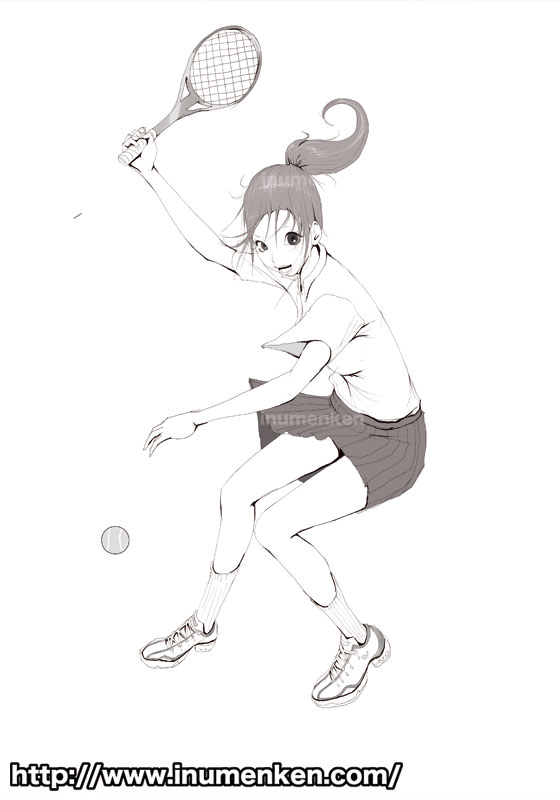 テニスしてる女子の絵 線画 イラスト 漫画描く犬さん