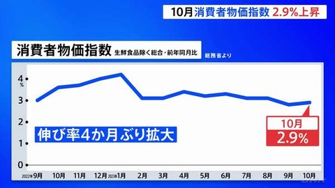 【上昇】10月の消費者物価“2.9%上昇”電気代の補助減り　伸び拡大