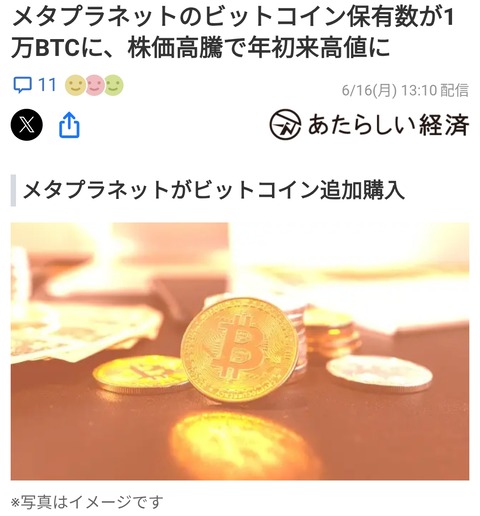 メタプラネットのビットコイン保有数が1万BTCに、株価高騰で年初来高値 
