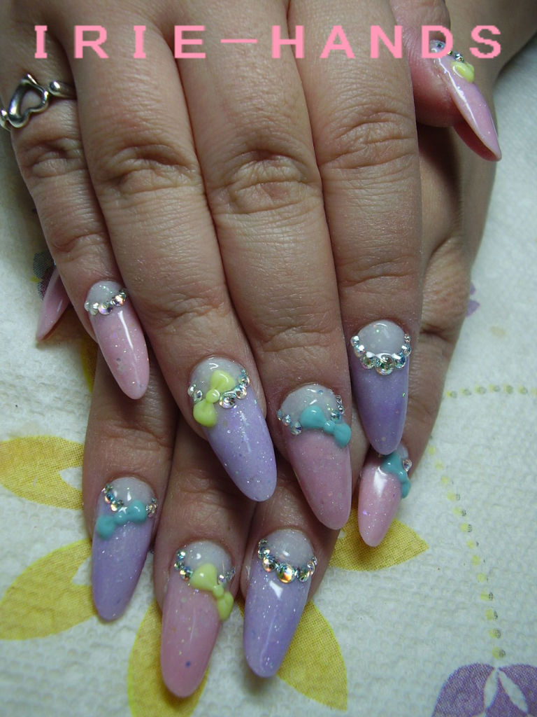 ピンク パープルにリボン３ｄスカルプ ネイリストｍｉｋｉのｉｒｉｅネイル日記