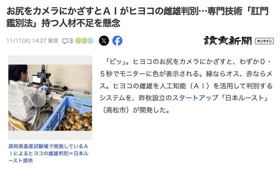 【朗報】ヒヨコの雌雄を判別するヒヨコ鑑別AI、開発される