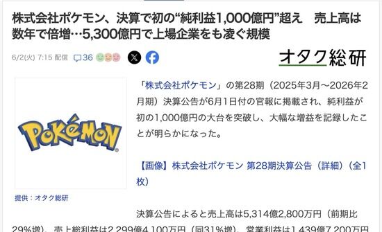 株式会社ポケモン、決算で初の純利益1,000億円超え　売上高は5,300億円