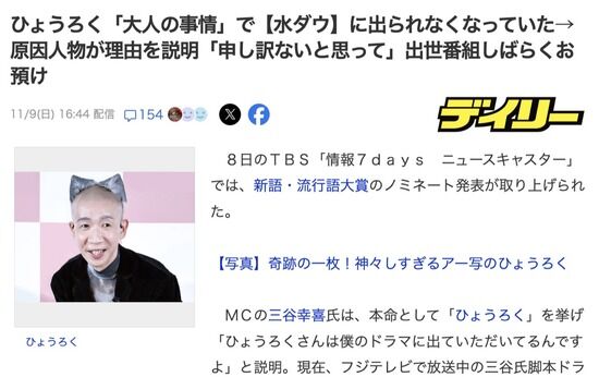 ひょうろく、「水曜日のダウンタウン」に出られらくなっている理由が判明