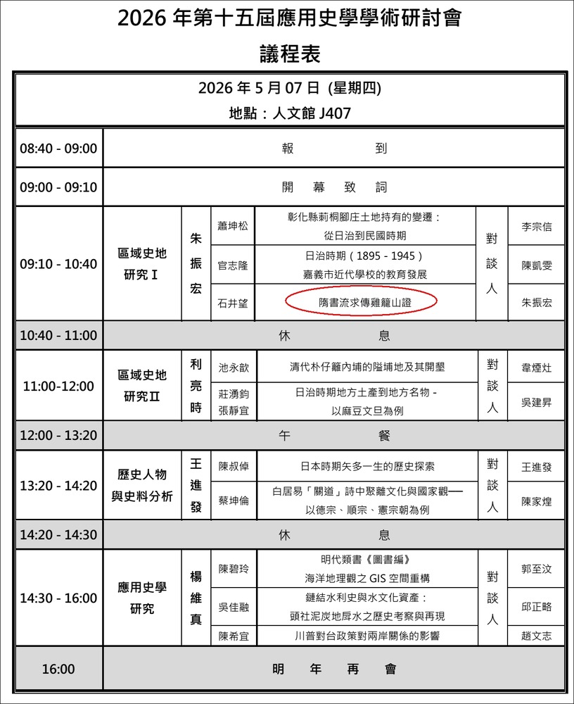 2026年15應用史學研會議程嘉義