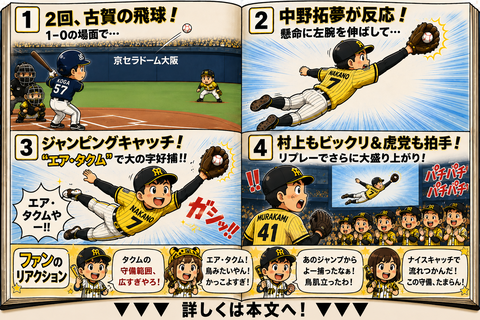 阪神・中野拓夢が超絶ジャンピングキャッチ！古賀の飛球を好捕、“エア・タクム”に球場沸く