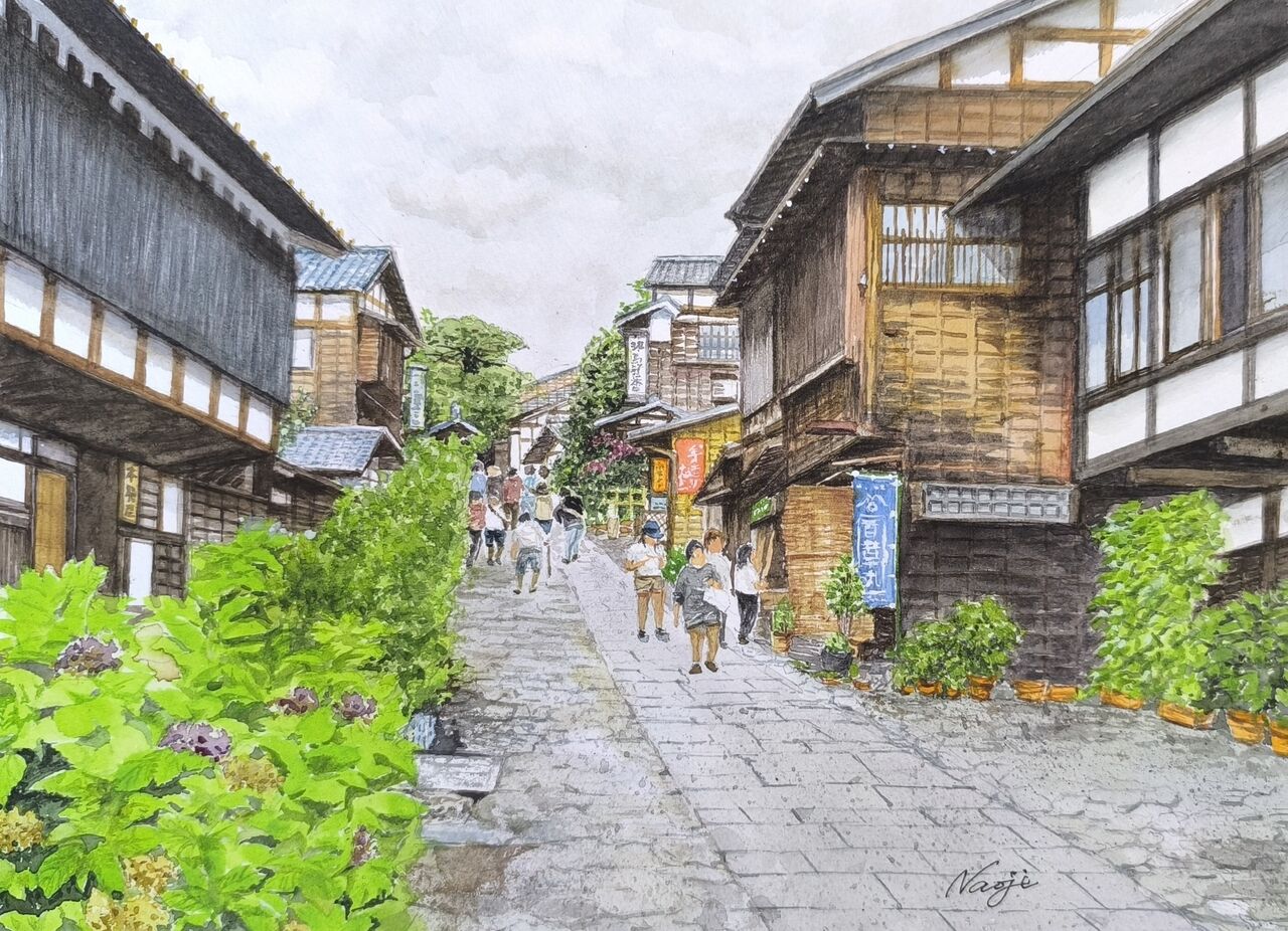 2025-06A「馬籠宿＜中津川市＞」(F4 水彩画) : アート道楽