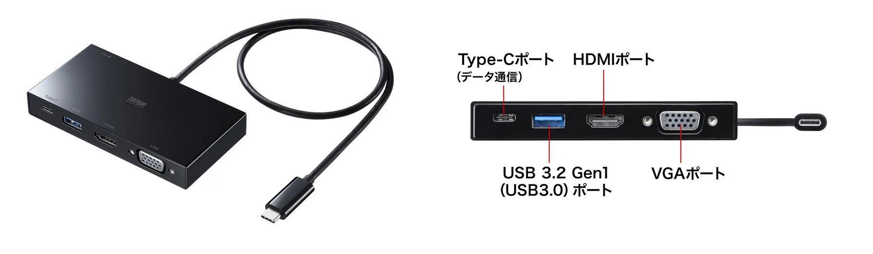 USB Type-Cケーブル1本で、ノートパソコンからVGAやHDMI搭載の外部