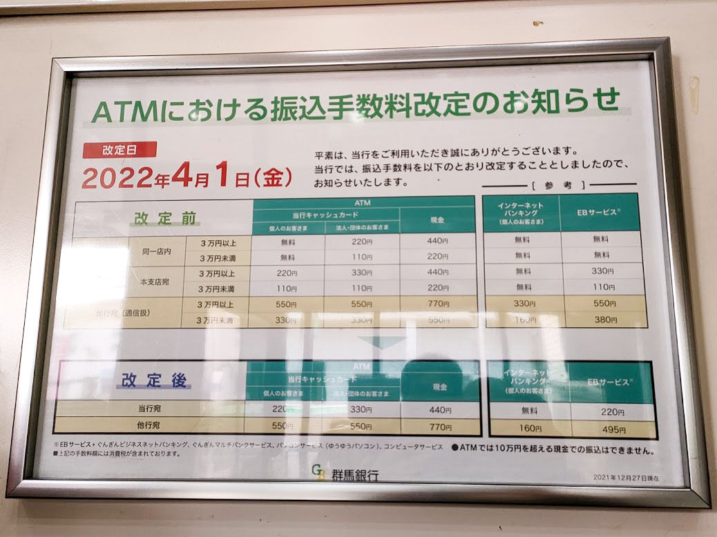 振込手数料』が改定！？窓口では引き上げも！『群馬銀行』の振込手数料が改定されるらしい。4月1日～ : たかさき通信 - 群馬県高崎市の地域情報サイト