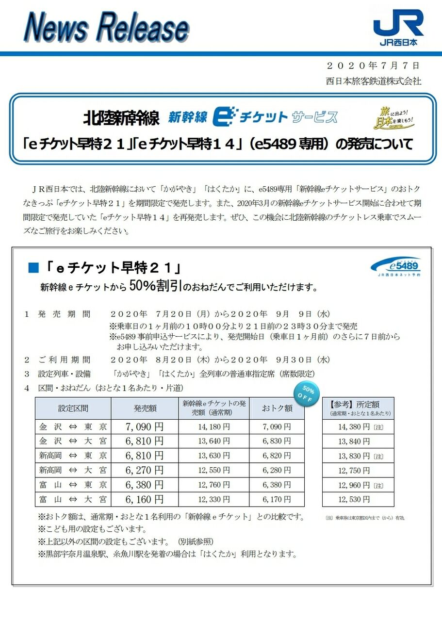 最大半額に！『北陸新幹線』の切符が50%割引の『eチケット早特21』と30