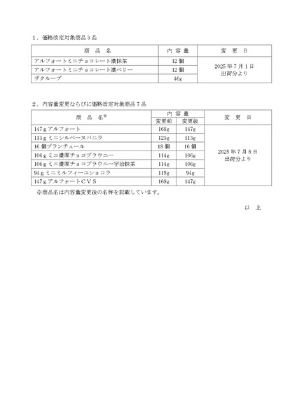 ブルボン 価格改定 内容量変更