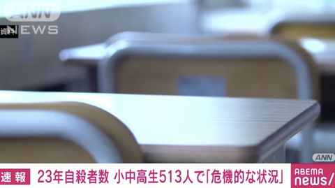 【悲報】2023年の自殺者数2万1837人、小中高生513人で厚労省「危機的な状況が続いている」