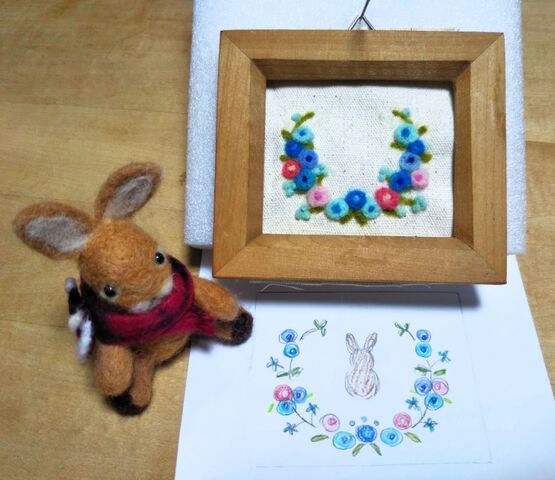 羊毛フェルト刺繍/うさぎが可愛く出来て、フレーム完成 羊毛フェルト刺繍/うさぎが可愛く出来て、フレーム完成