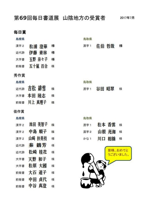 第69回毎日書道展受賞者一覧