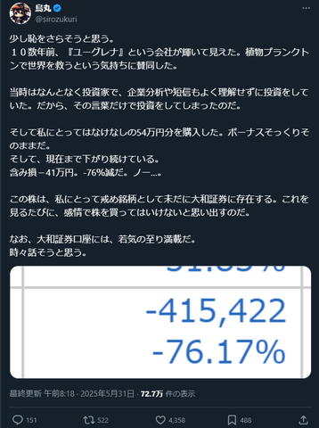 戒め株という概念が判明する…失敗した株をあえて損切りせず戒めとして残しておく : なんJですの