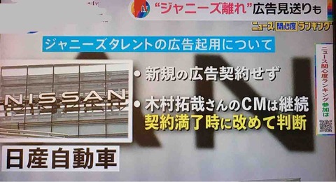 【CM】日産などジャニーズ事務所と新規契約結ばず　花王、健栄製薬、テンプスタッフは継続　対応分かれる  ！！！！！！！