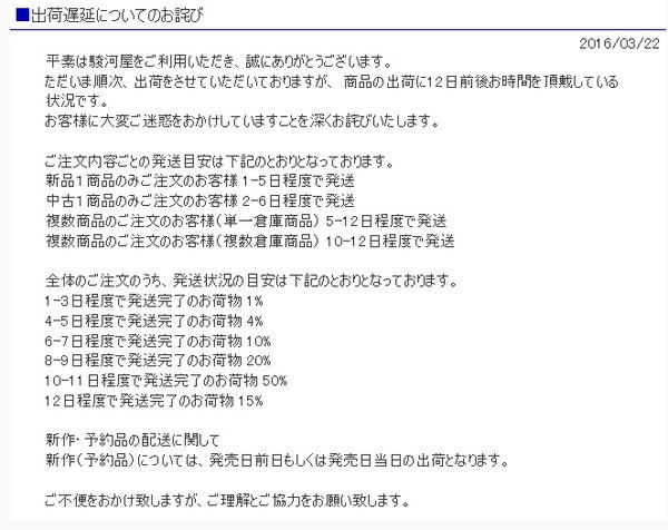 通販ショップ 駿河屋 が 遅い と評判の発送に関してついにソシャゲのガチャみたいな確率表記を始めるwwww オレ的ゲーム速報 刃 通販ショップ 駿河屋 が 遅い と評判の発送に関してついにソシャゲのガチャみたいな確率表記を始めるwwww オレ的ゲーム速報 刃