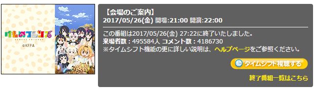 すっごーい けものフレンズ 一挙放送が終了 来場者数は約50万人 コメント数は史上最多の410万 とても良かった が98 5 オレ的ゲーム速報 刃