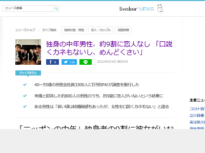 独身中年男性の9割に彼女さえいないという事実 独身は気楽だって ただ自分がモテねーだけだろ オレ的ゲーム速報 刃