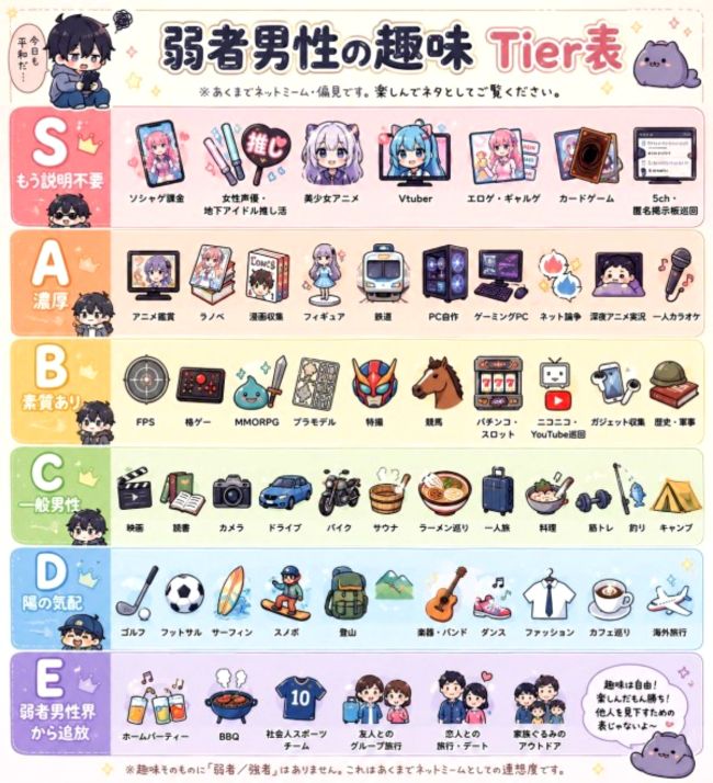 弱者男性 趣味 Tier ランキング オタク 陰キャ 陽キャ 無キャ ネットの反応に関連した画像-02