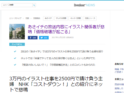 Nhk プロに頼めば3万円のイラストも主婦に頼めば2500円に イラストレーター悲鳴 プロの仕事を奪うな オレ的ゲーム速報 刃 Nhk プロに頼めば3万円のイラストも主婦に頼めば2500円に イラストレーター悲鳴 プロの仕事を奪うな オレ的ゲーム速報 刃