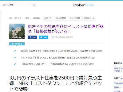 Nhk プロに頼めば3万円のイラストも主婦に頼めば2500円に イラストレーター悲鳴 プロの仕事を奪うな オレ的ゲーム速報 刃