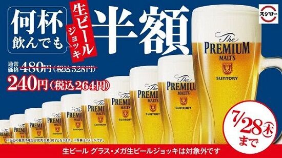 スシロー　おとり広告　品切れ　生ビール半額　キャンペーン　景品表示法違反　開店直後　完売　に関連した画像-01