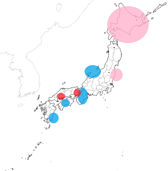 体感と地域別反応のお知らせです  東北が静寂傾向が解けました