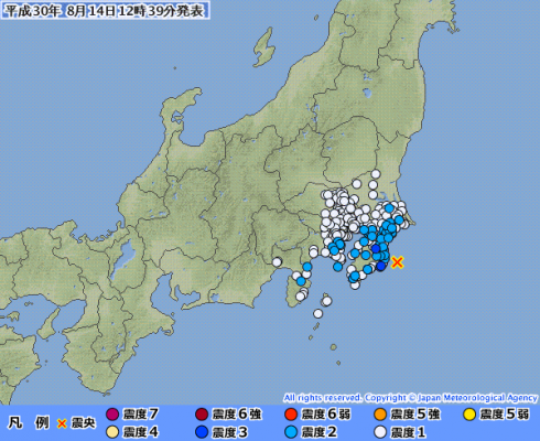 千葉県で最大震度3の地震発生 M4.8 震源地は千葉県東方沖 深さ約60km