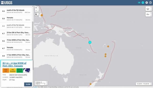 【USGS】南太平洋バヌアツ諸島で「M7.0」の地震 が発生